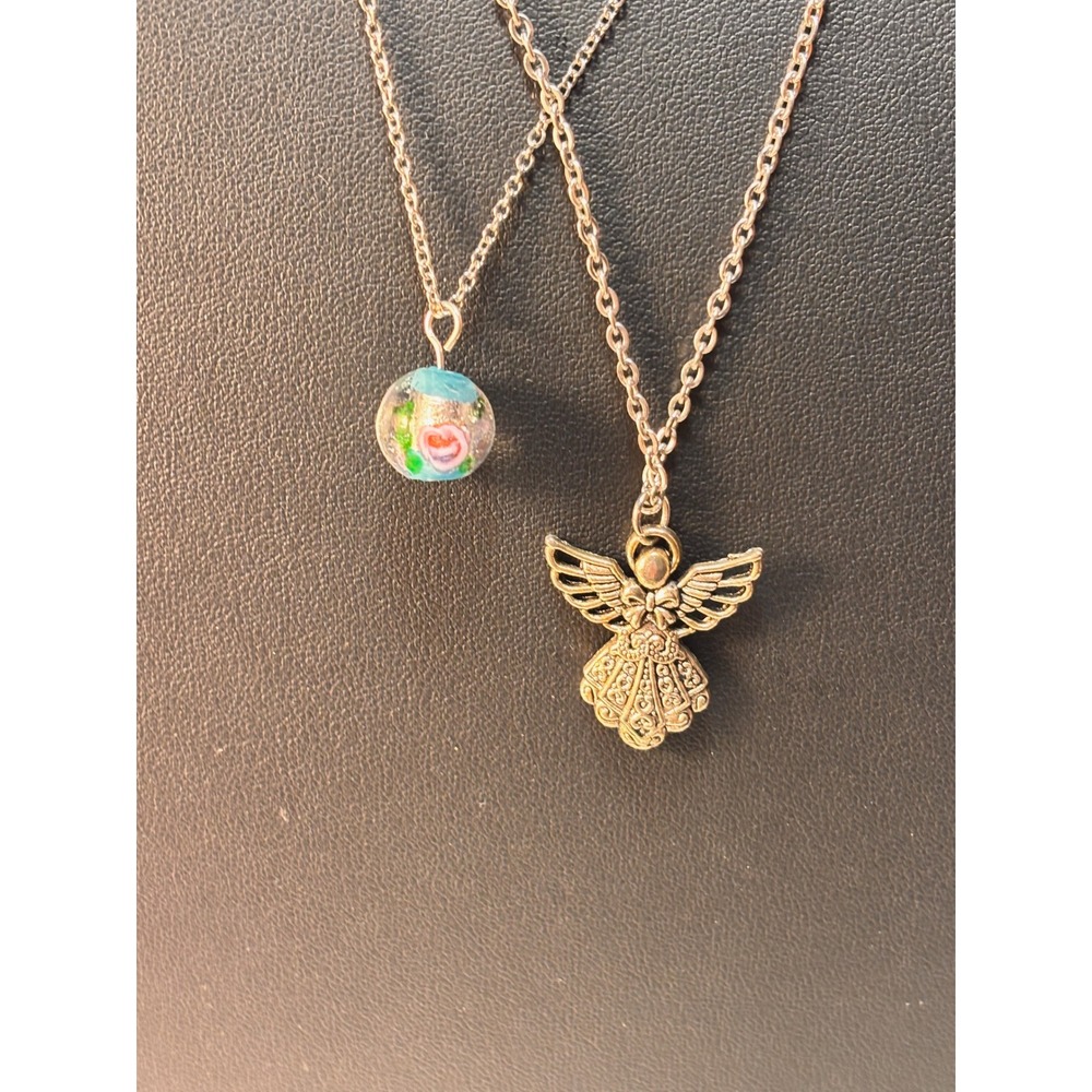 Angel and‎ Glass Floral Bead Necklace Set Silver Tone Whimsygoth Boho Chic